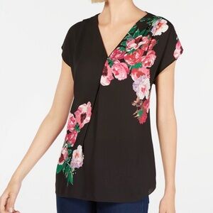 INC International Concepts Black Top with Pink Floral Design